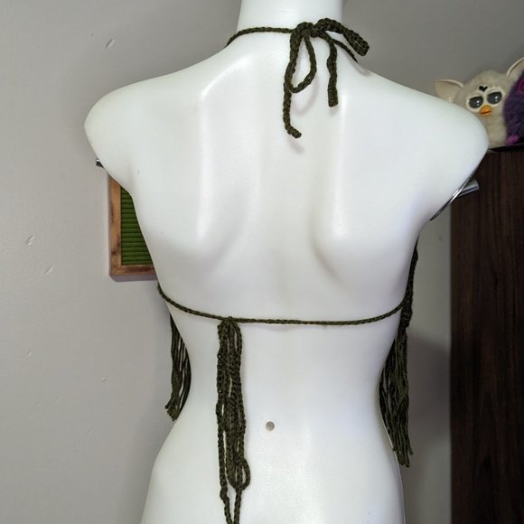 Hand Crafted Green Crochet Fringe Top Cactus Applique M - Picture 5 of 5
